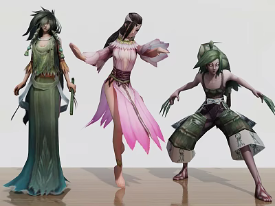 Game and Movie Characters in Green and Pink Outfits with Dynamic Poses 3d model