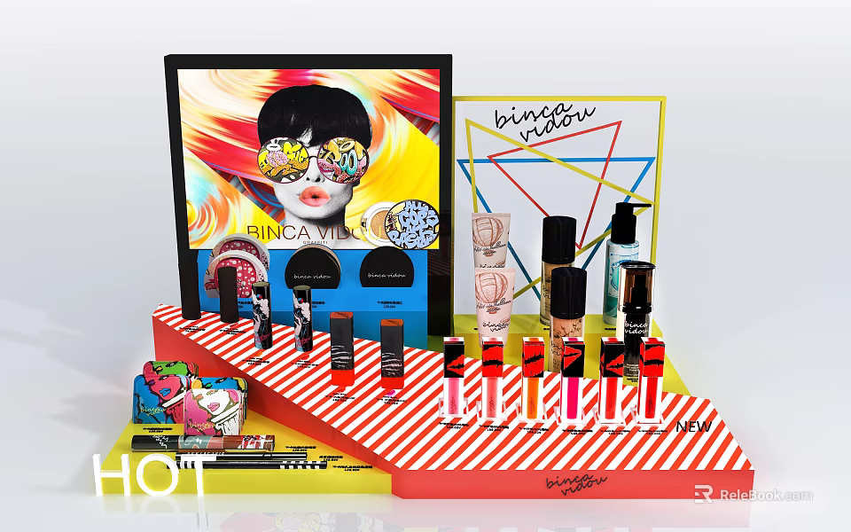 Stylish Colorful Display Shelves With Cosmetics Lipsticks Perfumes And Decorative Posters 3d model 