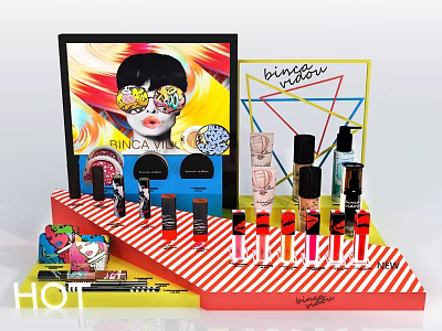 Stylish Colorful Display Shelves With Cosmetics Lipsticks Perfumes And Decorative Posters 3d model