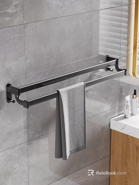 Modern Bathroom Towel Rack With Gray Towel On Marble Wall And Vanity With Toiletries 3d model 