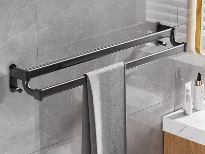 Modern Bathroom Towel Rack With Gray Towel On Marble Wall And Vanity With Toiletries 3d model