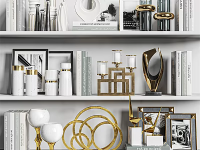Elegant Decorative Ornament Set With Gold White Accents Candle Holders Photo Frames Geometric Shelf Decor 3d model