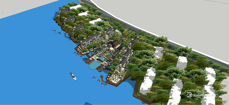 Scenic Waterfront Hotel Resort Architecture With Lush Greenery And Marina Boats 3d model 