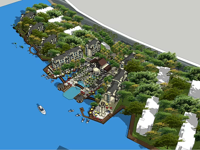 Scenic Waterfront Hotel Resort Architecture With Lush Greenery And Marina Boats 3d model