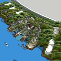 Scenic Waterfront Hotel Resort Architecture With Lush Greenery And Marina Boats
