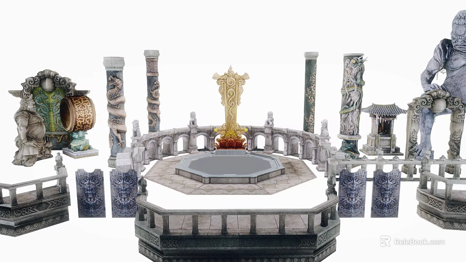Intricately Carved Stone Columns With Golden Decor Surrounding Circular Platform Structure 3d model 