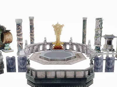 Intricately Carved Stone Columns With Golden Decor Surrounding Circular Platform Structure 3d model