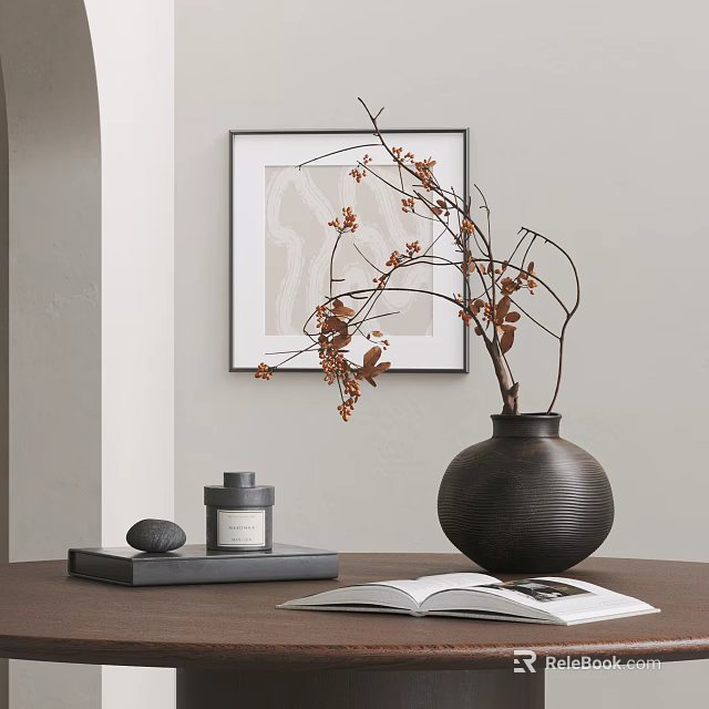 Decorative Ornament Set With Vase Brown Branches Small Jar Stone Open Book And Framed Art 3d model 