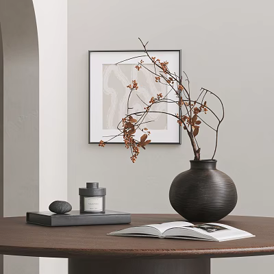 Decorative Ornament Set With Vase Brown Branches Small Jar Stone Open Book And Framed Art 3d model