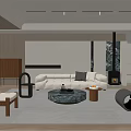 Modern Living Room Interior With Sofa Round Coffee Table Fireplace And Floor To Ceiling Windows