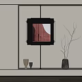 Interior Decor With Black Framed Square Photo Red Building Black Vase Branches Small Metal Cups
