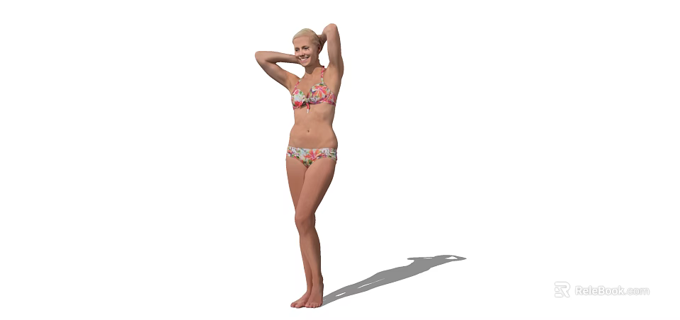 Blonde Woman in Floral Bikini Posing with Hands Above Head on White Background 3d model 