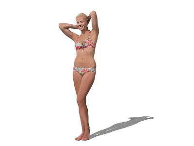 Blonde Woman in Floral Bikini Posing with Hands Above Head on White Background 3d model