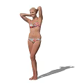 Blonde Woman in Floral Bikini Posing with Hands Above Head on White Background