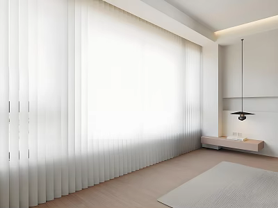 Modern Minimalist Living Room With Bright Vertical Curtains And Natural Light 3d model