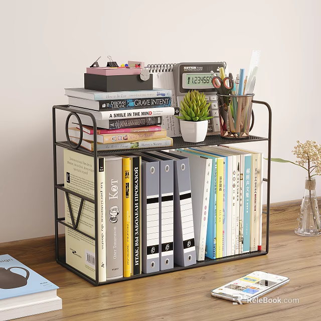 Desk Storage Shelf for Home Office with Books File Folders Calculator Plant and Pen Holder 3d model 