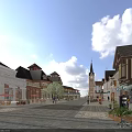 European Style Commercial Street With Clock Tower Stone Paved Road Various Shops And Pedestrians