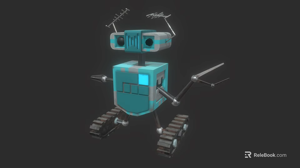 Blue Square Robot Character With Tracked Legs Antennas And Mechanical Arms 3d model 