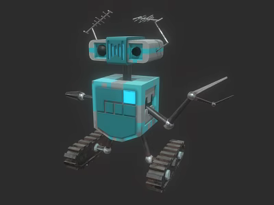 Blue Square Robot Character With Tracked Legs Antennas And Mechanical Arms 3d model