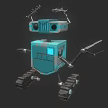 Blue Square Robot Character With Tracked Legs Antennas And Mechanical Arms