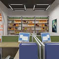 Modern Bright Public Office Space With Workstations Desktop Computers Bookshelves And Green Plants