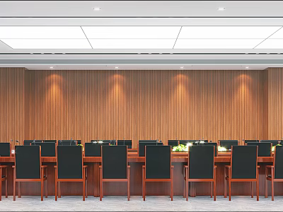 Wooden Paneled Conference Room With Rows of Tables Chairs Green Plants And Ceiling Lighting 3d model