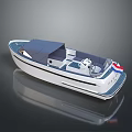 White and Blue Recreational Boat With Canopy Dashboard Seats And Red White Blue Flag