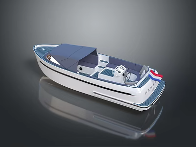 White and Blue Recreational Boat With Canopy Dashboard Seats And Red White Blue Flag 3d model