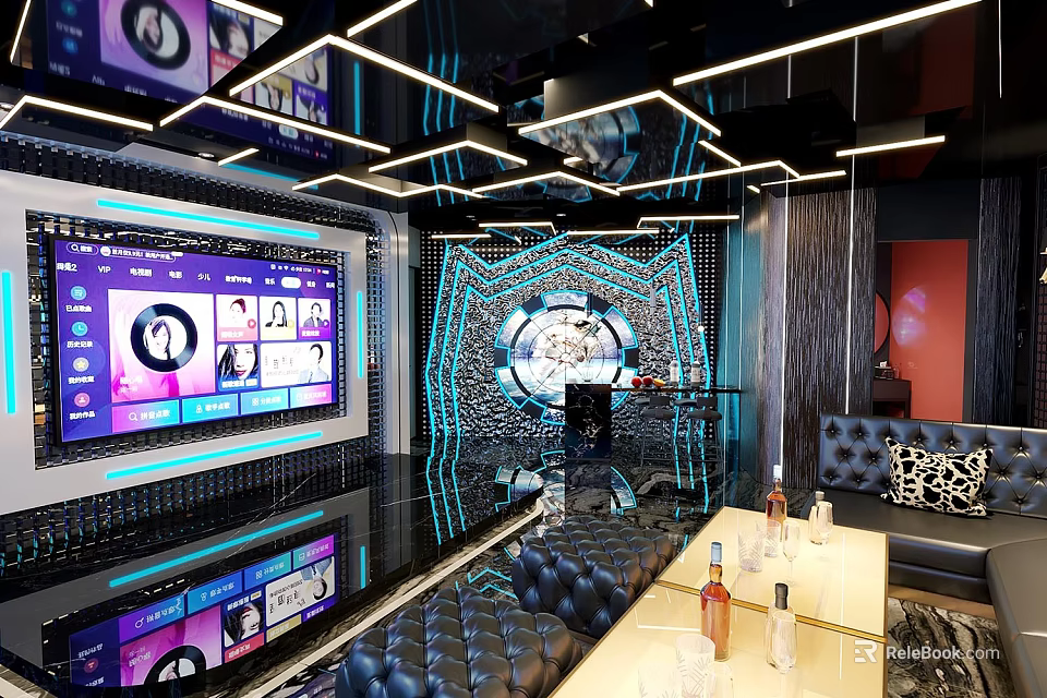 Modern KTV Lounge Interior With Large Screen Colorful Lighting Leather Sofa And Drinks 3d model 