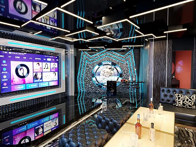 Modern KTV Lounge Interior With Large Screen Colorful Lighting Leather Sofa And Drinks 3d model