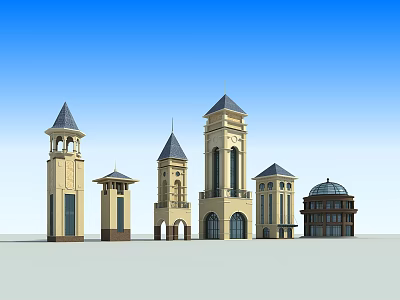 Various Architectural Towers With Pointed Spires Dome Structures And Classical Designs 3d model