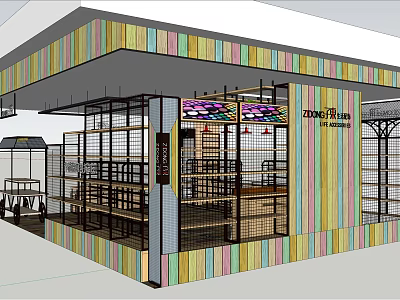 Colorful Striped Shopping Mall Store With Open Design And Display Shelves 3d model