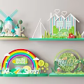 Spring Themed Decorative Crafts With Windmill House Rainbow Trees And Lettering 3d model