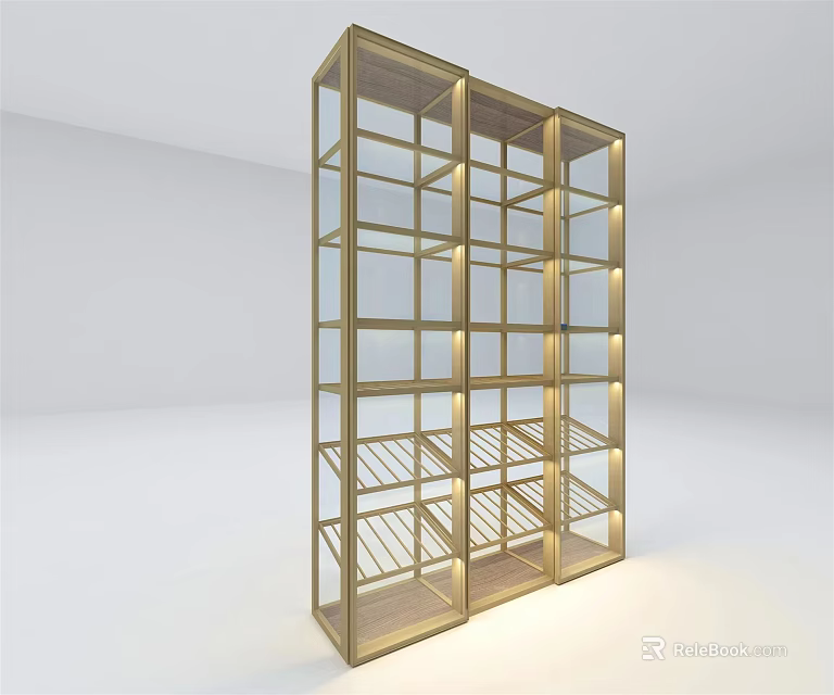 Modern Gold Frame Wine Cabinet With Glass Doors And Multiple Shelves Wine Rack Design 3d model 