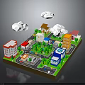 Modern City Scene 3D Model With Various Buildings Green Trees Roads Cars And Clouds