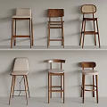 Various Design Bar Stools Featuring Wooden Frames And Different Backrest Styles 3d model