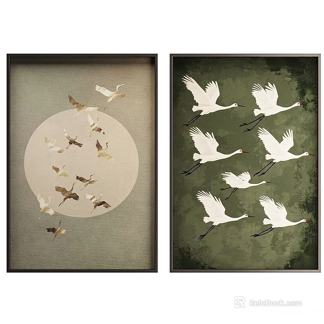 Abstract Paintings With Circular Background Flying Birds And Green Background White Cranes 3d model 