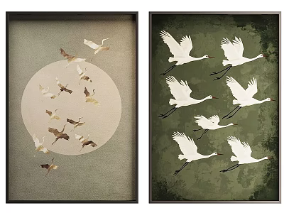 Abstract Paintings With Circular Background Flying Birds And Green Background White Cranes 3d model
