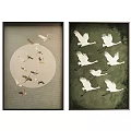 Abstract Paintings With Circular Background Flying Birds And Green Background White Cranes