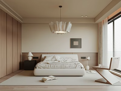 Minimalist Bedroom Interior With White Bed Wooden Elements Pendant Light Artwork And Rug 3d model