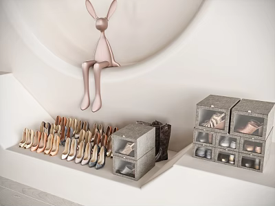 Stylish Shoes Display With Clear Storage Boxes In Minimalist Setup 3d model