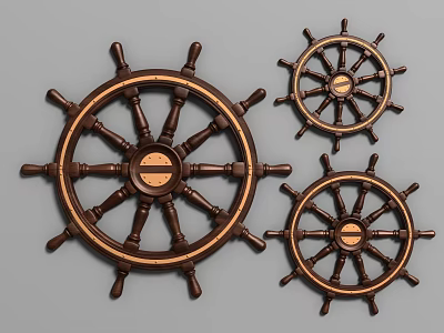 Vintage Wooden Ship Wheel Wall Decor With Brown And Gold Finish Hanging Ornaments 3d model