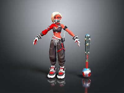 Futuristic Cyberpunk Female Character With Red Black Outfit And Robotic Creature Companion 3d model