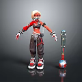 Futuristic Cyberpunk Female Character With Red Black Outfit And Robotic Creature Companion
