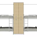 Modern Bunk Beds Interior With Metal Frame Gray Mattress And Central Numbered Wooden Cabinet