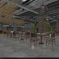 Industrial Style Restaurant Interior With Robot Decorations Wooden Ceiling Bar Counter And Wine Racks