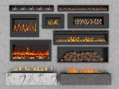 Various Modern Fireplace Designs With Flames And Wood Log Storage 3d model