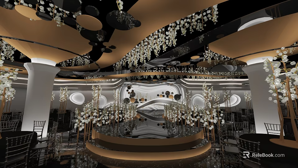 Luxurious Banquet Hall Interior With Chandeliers Circular Decorations Mirrored Stage Tables And Chairs 3d model 