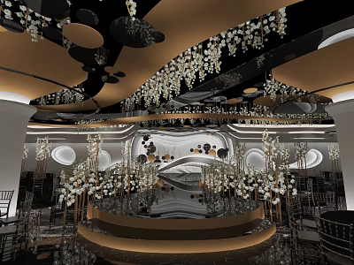 Luxurious Banquet Hall Interior With Chandeliers Circular Decorations Mirrored Stage Tables And Chairs 3d model