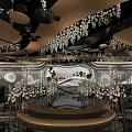 Luxurious Banquet Hall Interior With Chandeliers Circular Decorations Mirrored Stage Tables And Chairs